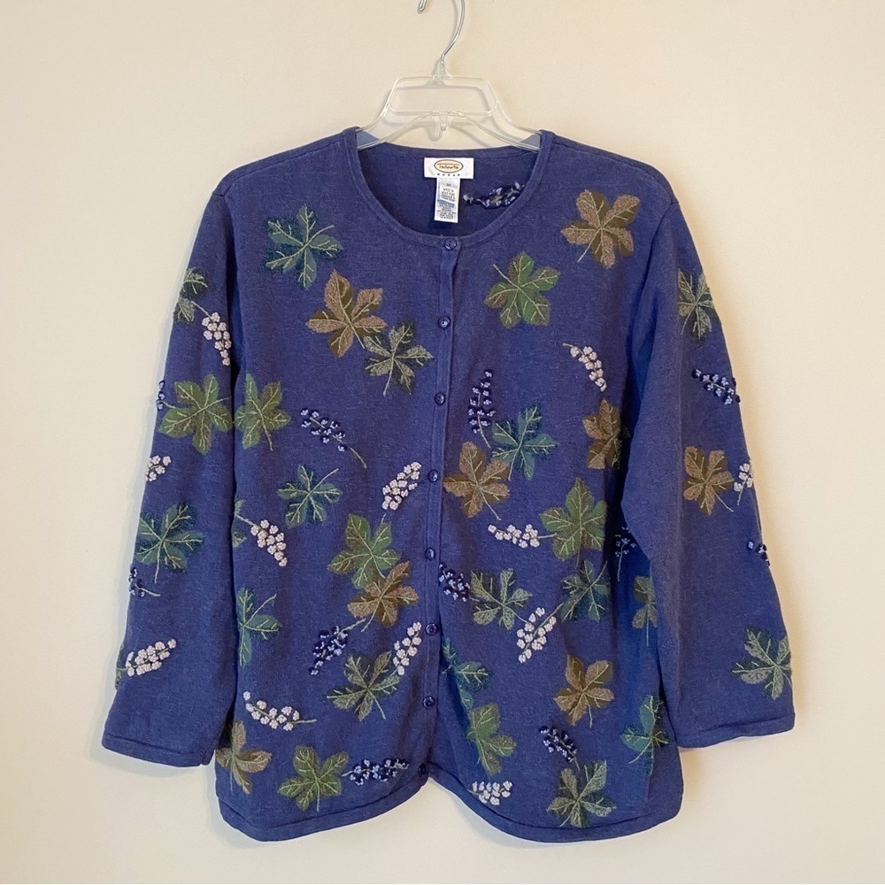 Talbots Embroidered Floral Cotton and Wool Blend Blue Button Cardigan - 3X